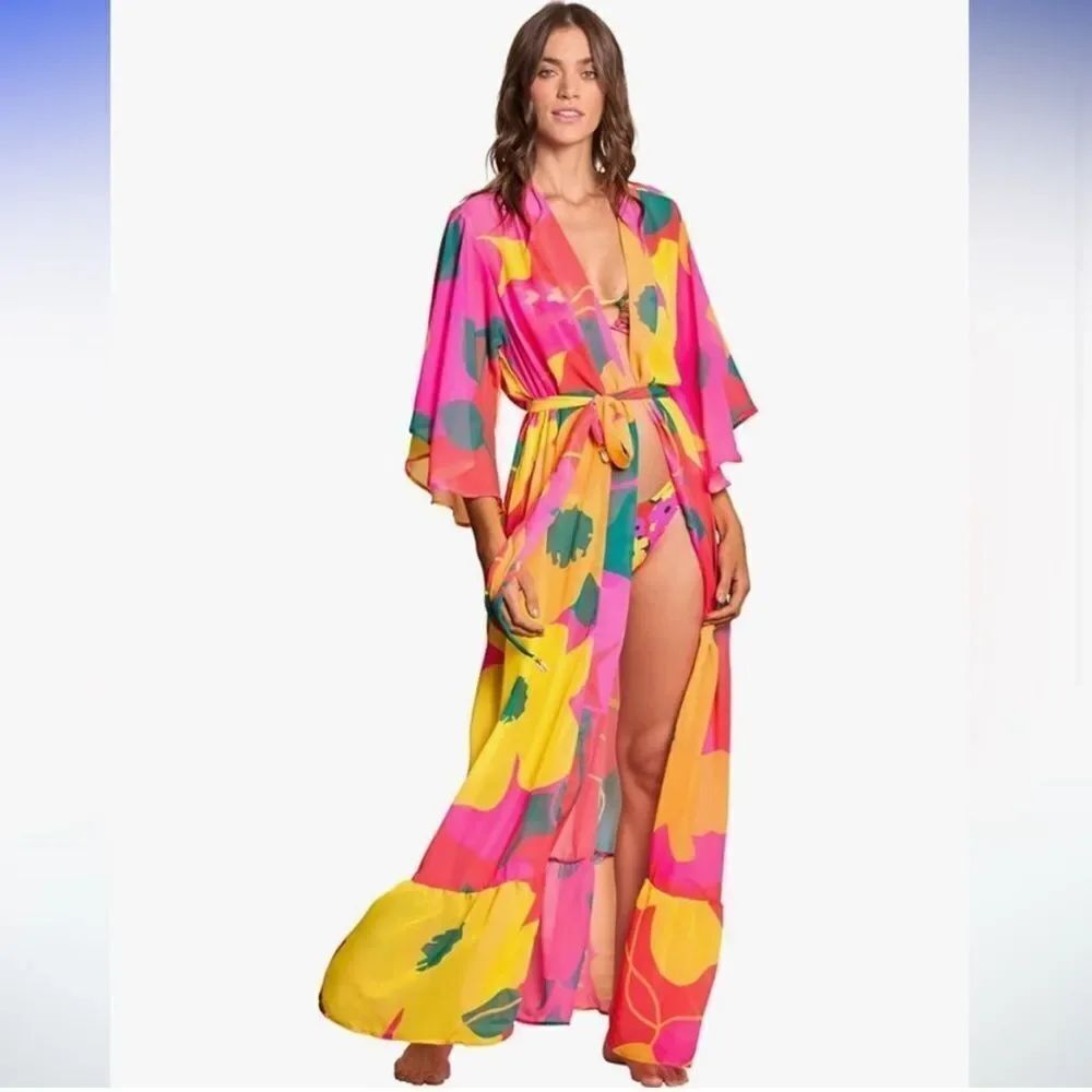 Maaji Crayonflower Tariah Kimono Swim Beach Cover Up Dress Large